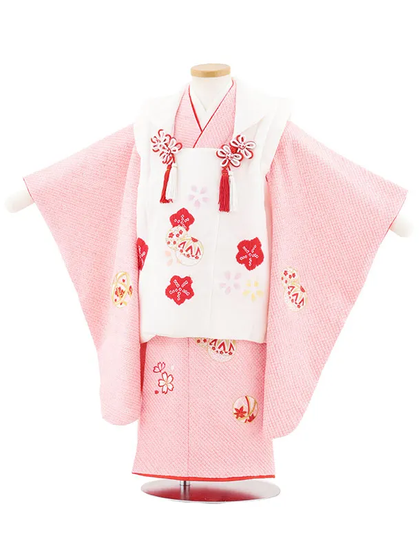 七五三レンタル(3歳女児被布)S126【正絹】白刺繍赤まり×ピンク絞り刺繍まり