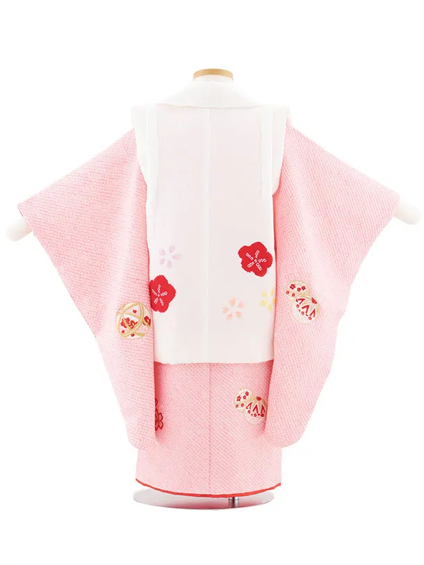 七五三レンタル(3歳女児被布)S126【正絹】白刺繍赤まり×ピンク絞り刺繍まり