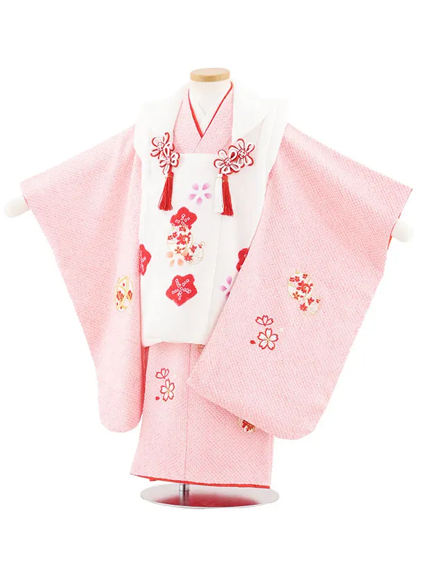 七五三レンタル(3歳女児被布)S127【正絹】白刺繍赤鈴×ピンク絞り刺繍鈴