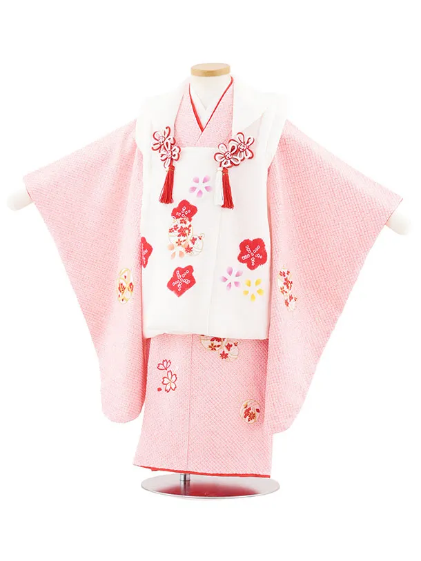 七五三レンタル(3歳女児被布)S127【正絹】白刺繍赤鈴×ピンク絞り刺繍鈴