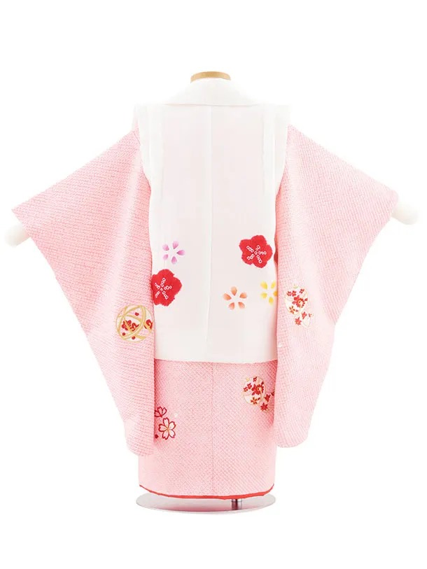 七五三レンタル(3歳女児被布)S127【正絹】白刺繍赤鈴×ピンク絞り刺繍鈴