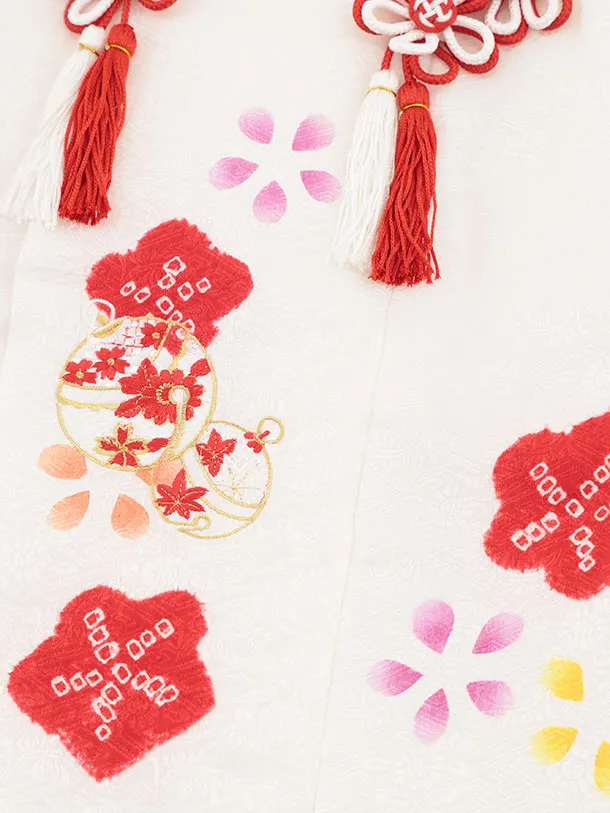 七五三レンタル(3歳女児被布)S127【正絹】白刺繍赤鈴×ピンク絞り刺繍鈴