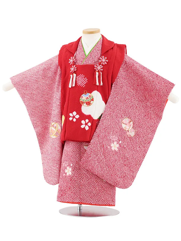 七五三レンタル(3歳女児被布)S128【正絹】赤刺繍鈴×赤絞り刺繍鈴