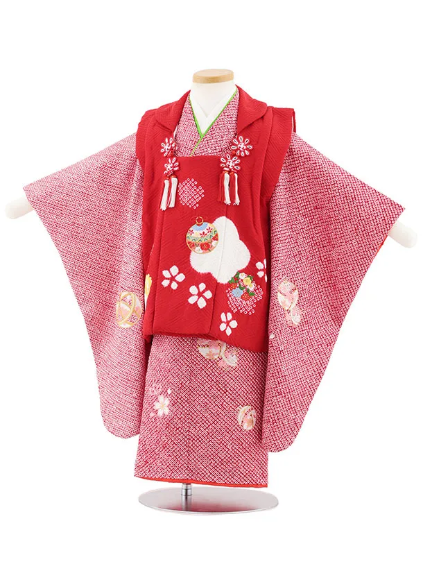 七五三レンタル(3歳女児被布)S128【正絹】赤刺繍鈴×赤絞り刺繍鈴