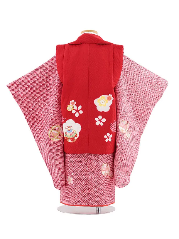 七五三レンタル(3歳女児被布)S128【正絹】赤刺繍鈴×赤絞り刺繍鈴