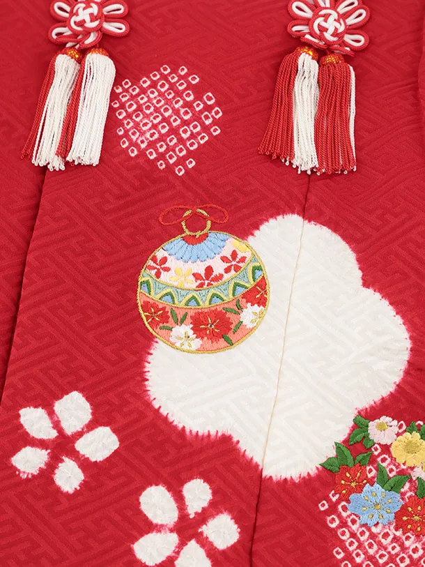 七五三レンタル(3歳女児被布)S128【正絹】赤刺繍鈴×赤絞り刺繍鈴