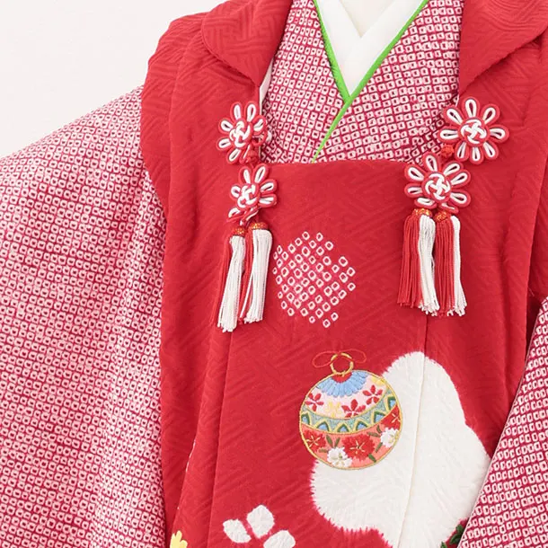 七五三レンタル(3歳女児被布)S128【正絹】赤刺繍鈴×赤絞り刺繍鈴
