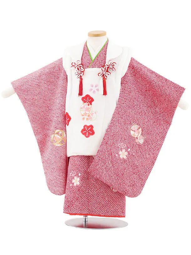 七五三レンタル(3歳女児被布)S129【正絹】白刺繍ピンク鈴×赤絞り刺繍鈴
