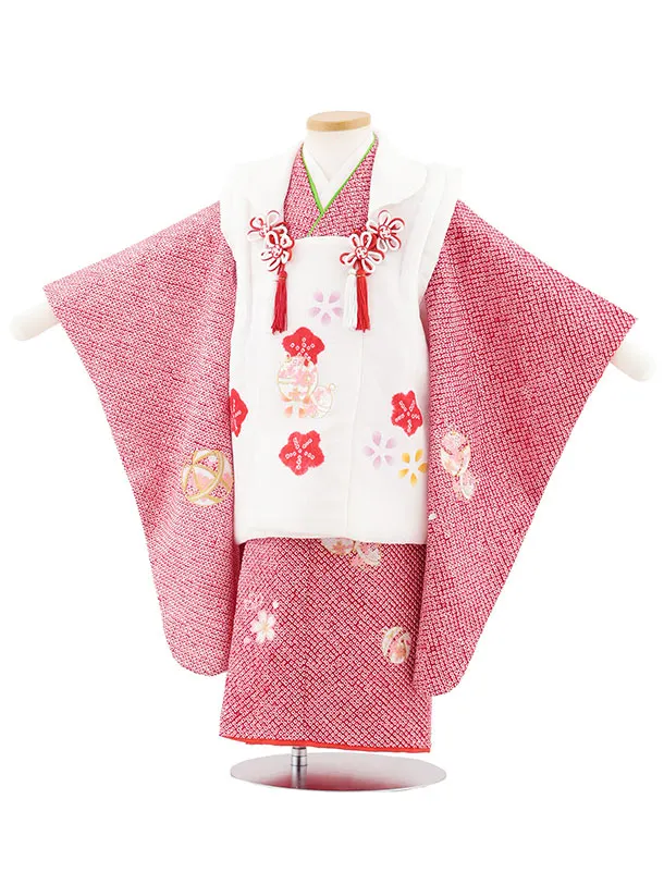 七五三レンタル(3歳女児被布)S129【正絹】白刺繍ピンク鈴×赤絞り刺繍鈴