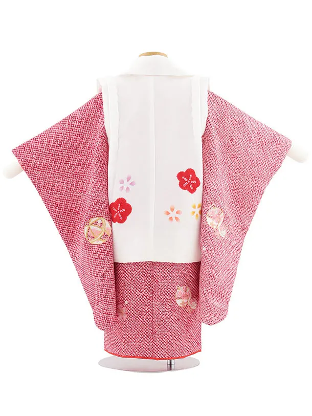 七五三レンタル(3歳女児被布)S129【正絹】白刺繍ピンク鈴×赤絞り刺繍鈴