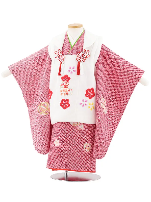 七五三レンタル(3歳女児被布)S130【正絹】白刺繍赤鈴×赤絞り刺繍鈴