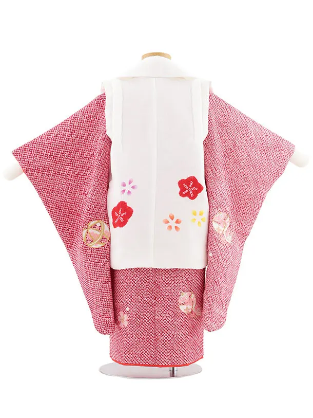 七五三レンタル(3歳女児被布)S130【正絹】白刺繍赤鈴×赤絞り刺繍鈴
