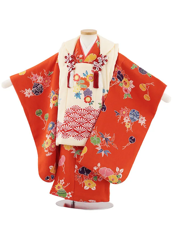 七五三(3歳女児)S131【高級正絹】栗山工房 和染紅型 クリーム×朱赤鈴に草花