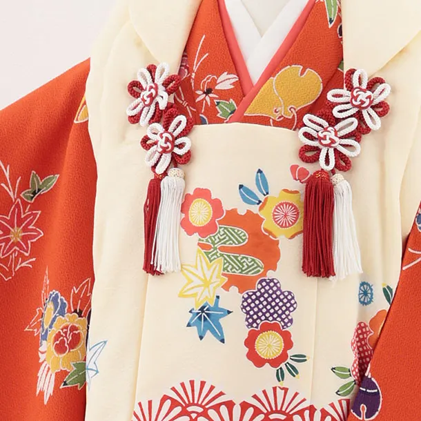 七五三(3歳女児)S131【高級正絹】栗山工房 和染紅型 クリーム×朱赤鈴に草花