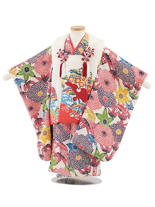 七五三(3歳女児)S132【高級正絹】栗山工房 和染紅型 白×笹と菊