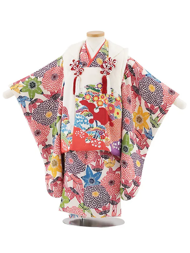 七五三(3歳女児)S132【高級正絹】栗山工房 和染紅型 白×笹と菊