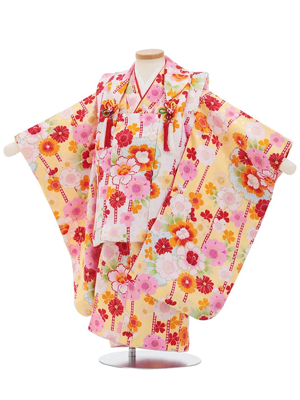 七五三レンタル(3歳女児被布)S134 白×黄 桜 牡丹 菊