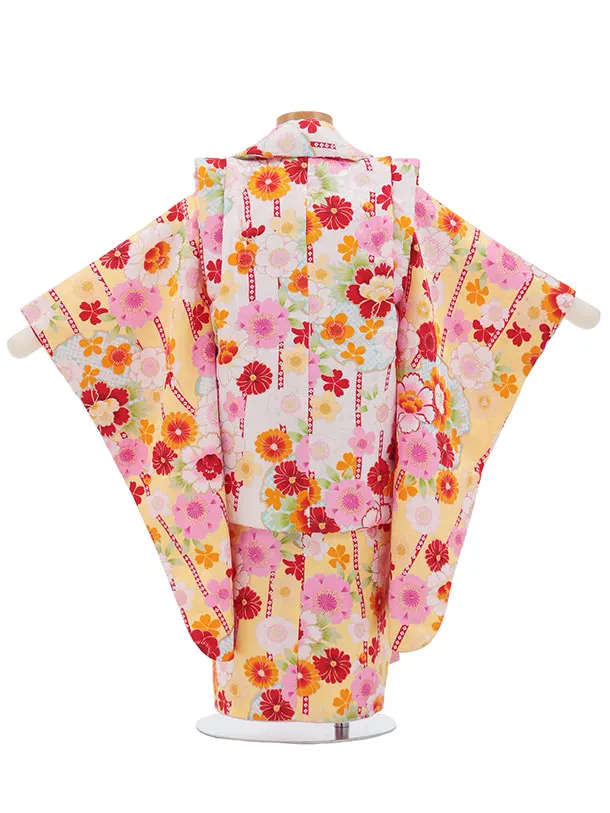 七五三レンタル(3歳女児被布)S134 白×黄 桜 牡丹 菊