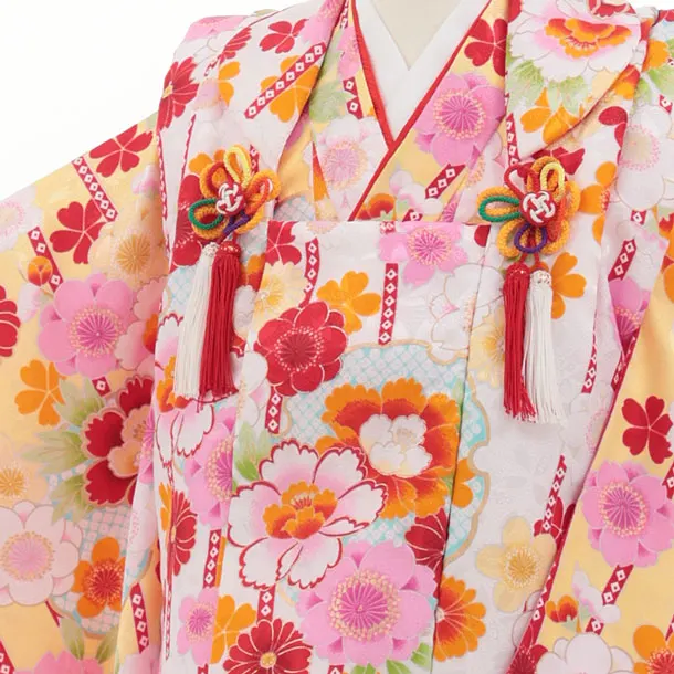 七五三レンタル(3歳女児被布)S134 白×黄 桜 牡丹 菊