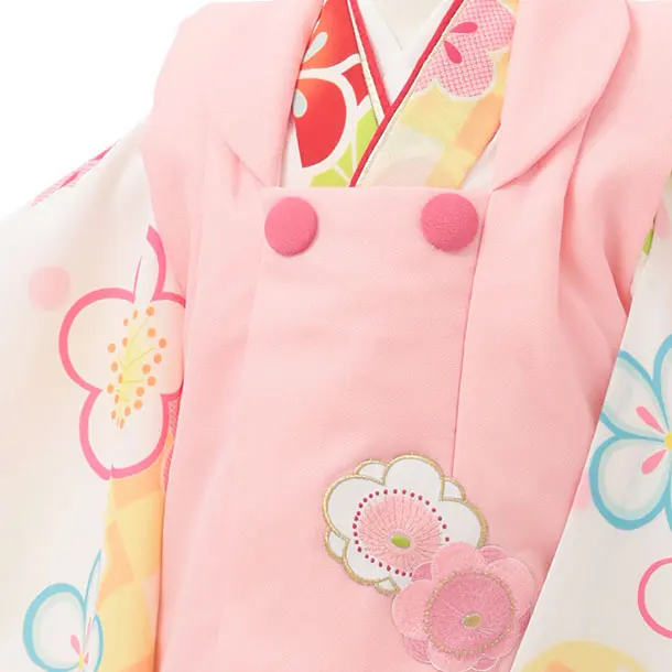 七五三レンタル(3歳女児被布)S135 ピンク刺繍 梅×白地 梅菊
