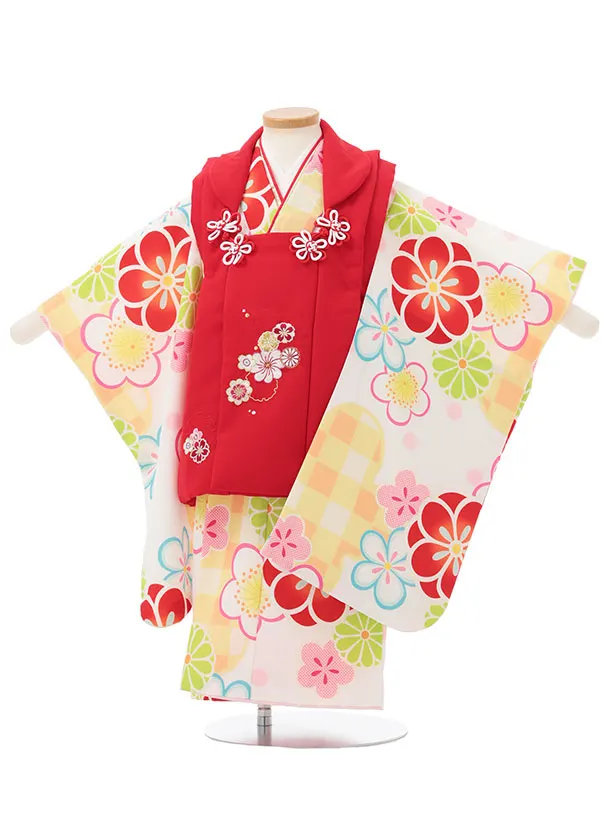 七五三レンタル(3歳女児被布)S136 赤 雪輪刺繍×白地 梅菊