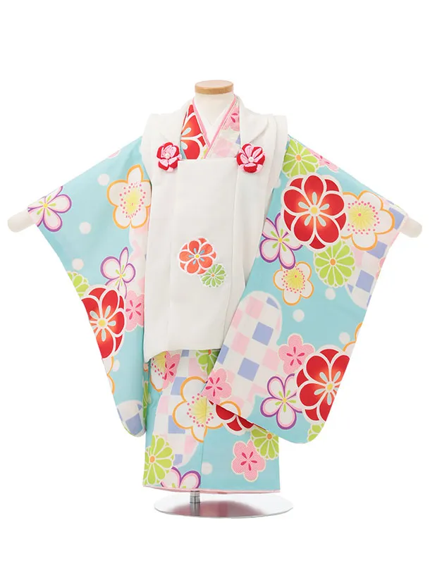 七五三レンタル(3歳女児被布)S137 白×水色 梅菊