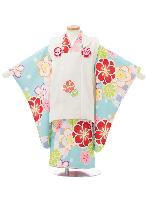 七五三レンタル(3歳女児被布)S137 白×水色 梅菊