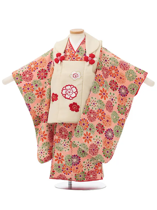 七五三レンタル(3歳女児被布)S138 クリーム刺繍桜×ピンクちりめん菊