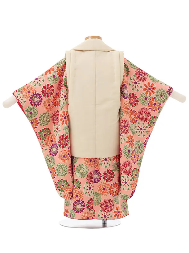 七五三レンタル(3歳女児被布)S138 クリーム刺繍桜×ピンクちりめん菊