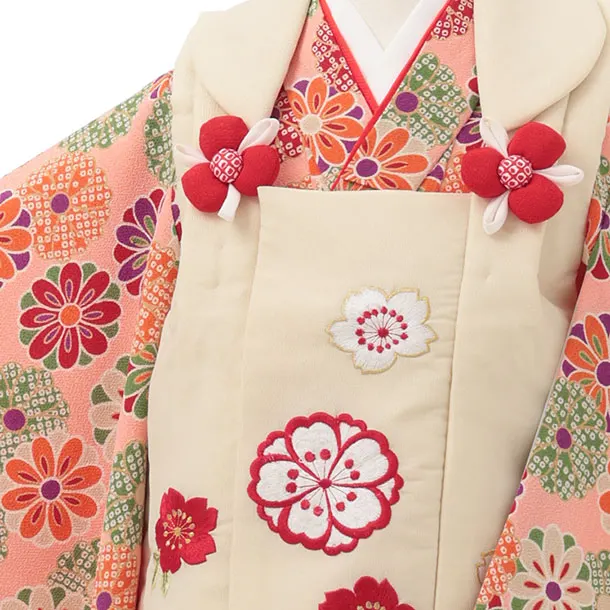 七五三レンタル(3歳女児被布)S138 クリーム刺繍桜×ピンクちりめん菊