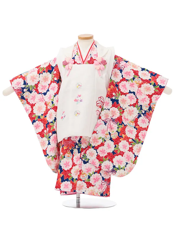 七五三レンタル(3歳女児被布)S140 白×青地 桜に鈴