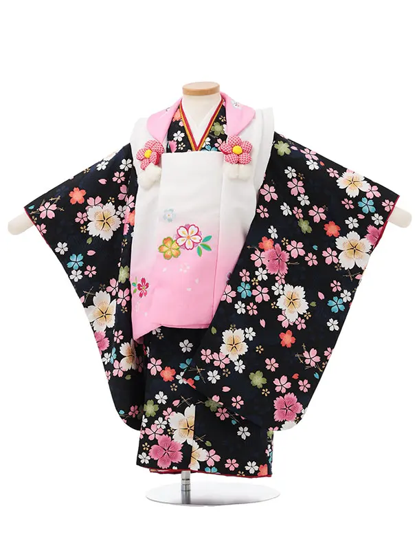 七五三レンタル(3歳女児被布)S142 白ぼかしピンク×紺地 桜