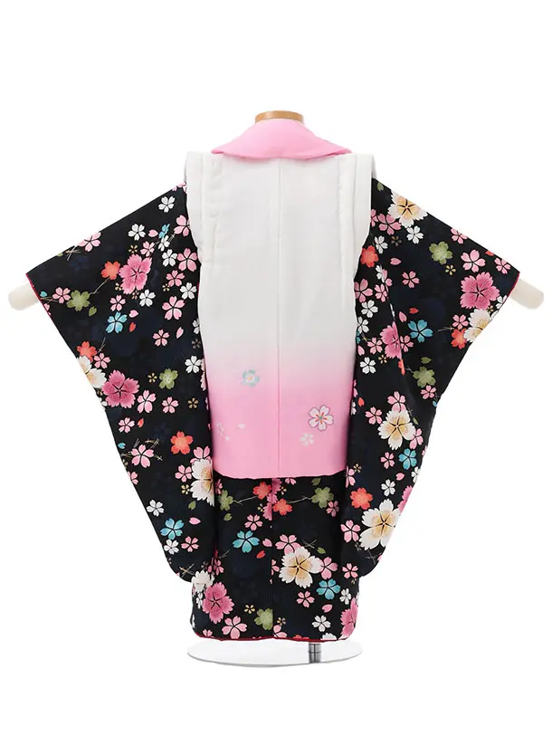 七五三レンタル(3歳女児被布)S142 白ぼかしピンク×紺地 桜