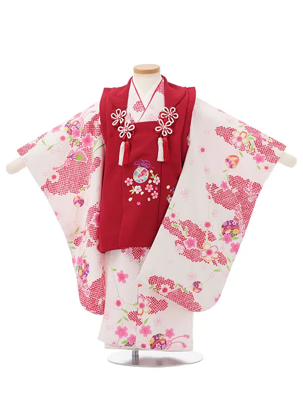 七五三レンタル(3歳女児被布)S143 赤 桜鈴刺繍×白地 桜鈴