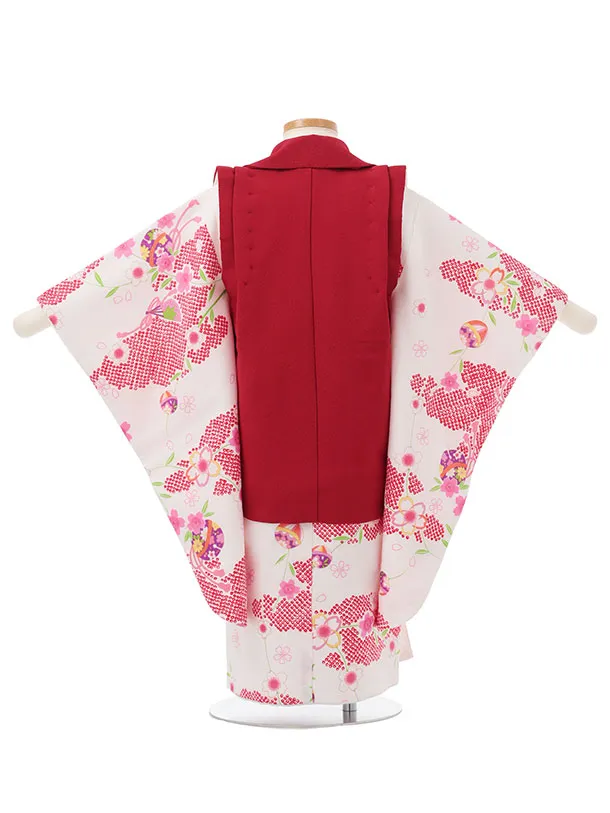 七五三レンタル(3歳女児被布)S143 赤 桜鈴刺繍×白地 桜鈴