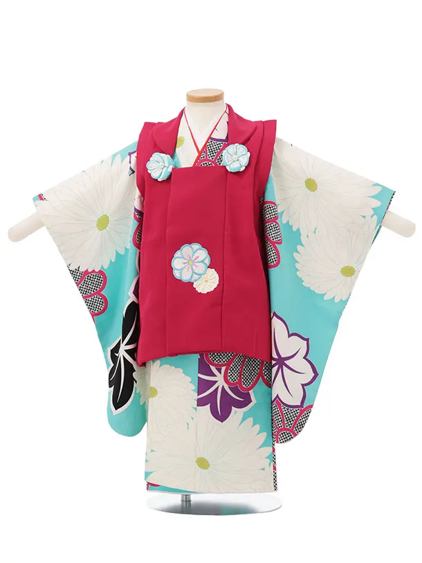 七五三レンタル(3歳女児被布)S144 エンジ 刺繍花×水色菊
