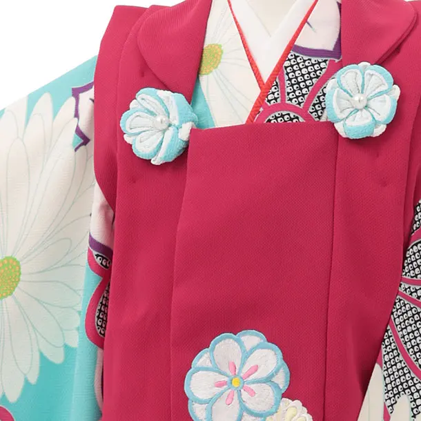 七五三レンタル(3歳女児被布)S144 エンジ 刺繍花×水色菊
