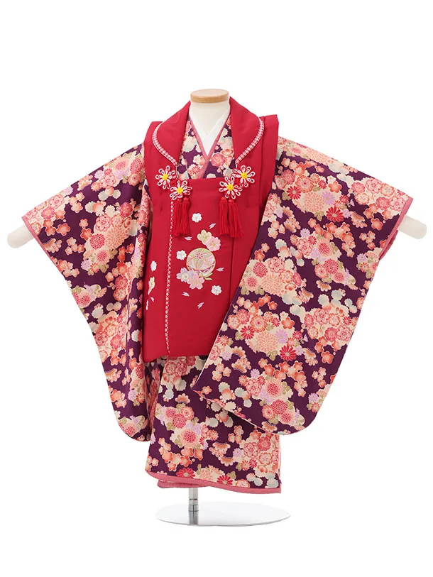 七五三レンタル(3歳女児被布)S145 赤 刺繍まり花×紫花づくし