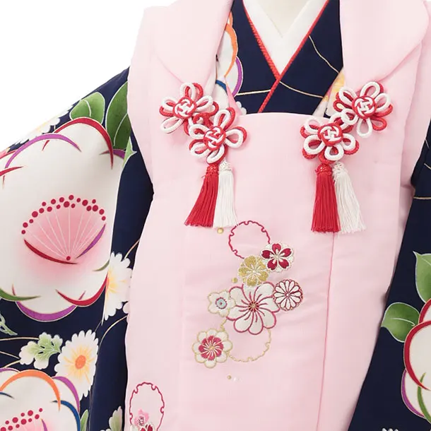 七五三レンタル(3歳女児被布)S147 ピンク 雪輪刺繍×紺地 梅菊