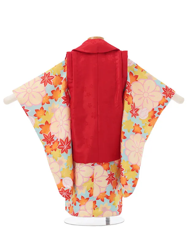 七五三レンタル(3歳女児被布)S148 赤×水色 紅葉