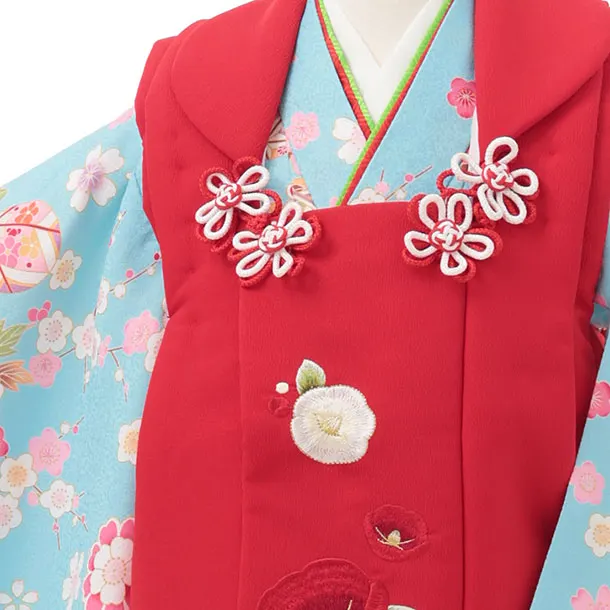 七五三レンタル(3歳女児被布)S151 赤 椿刺繍×水色 牡丹 橘