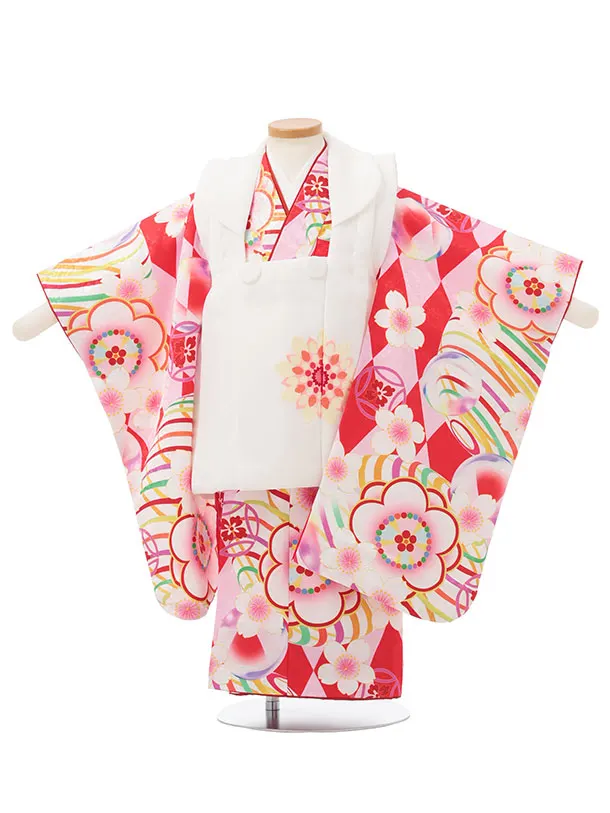 七五三レンタル(3歳女児被布)S152 白×赤ピンク 桜