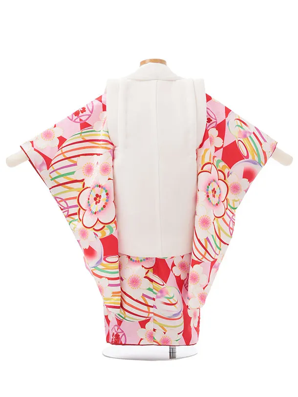 七五三レンタル(3歳女児被布)S152 白×赤ピンク 桜
