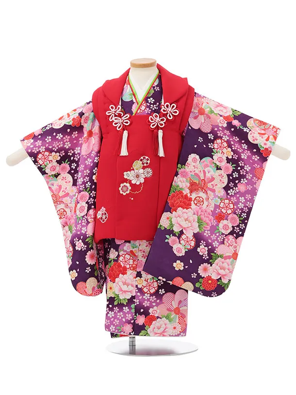 七五三レンタル(3歳女児被布)S153 赤 雪輪刺繍×パープル ねじり梅 牡丹