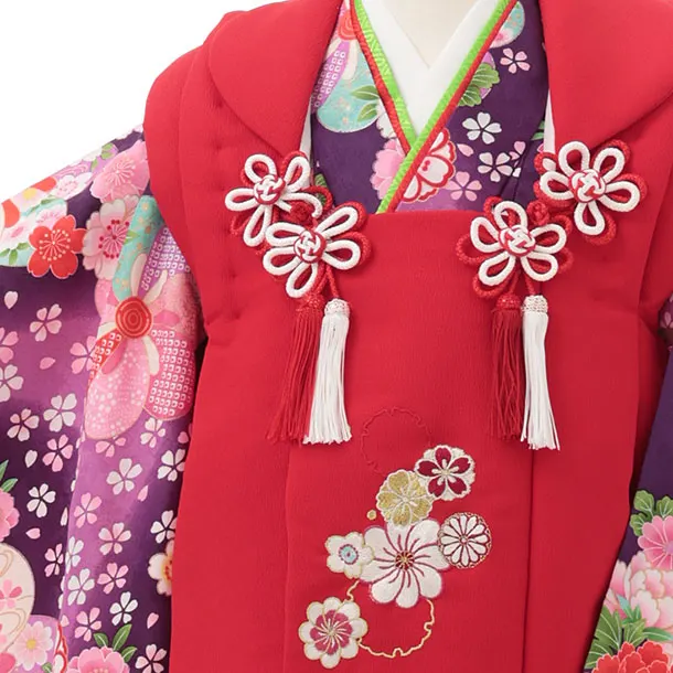 七五三レンタル(3歳女児被布)S153 赤 雪輪刺繍×パープル ねじり梅 牡丹