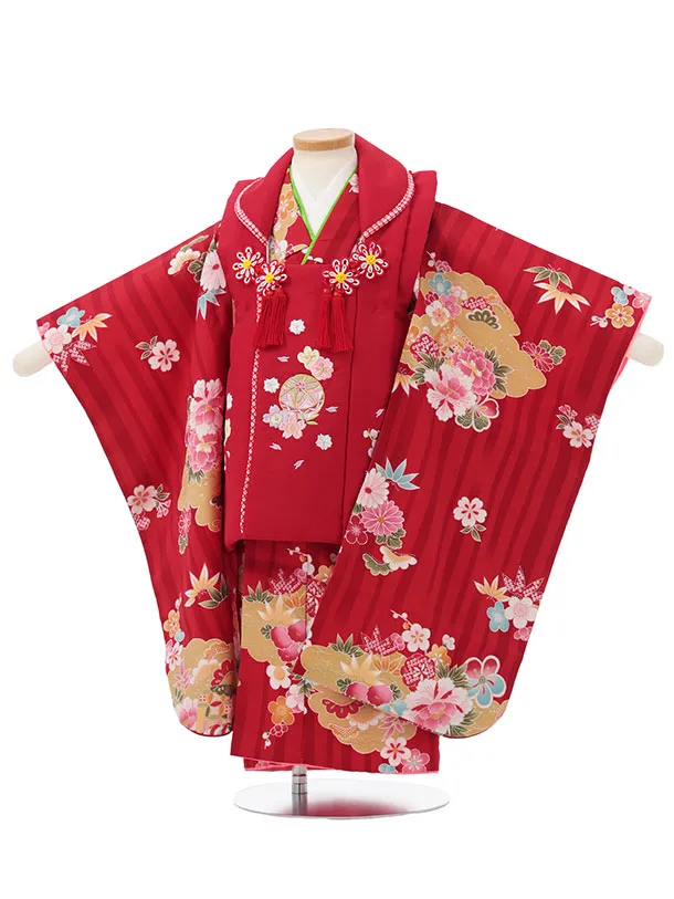七五三レンタル(3歳女児被布)S155 赤 刺繍 まり花×赤 雲取り花