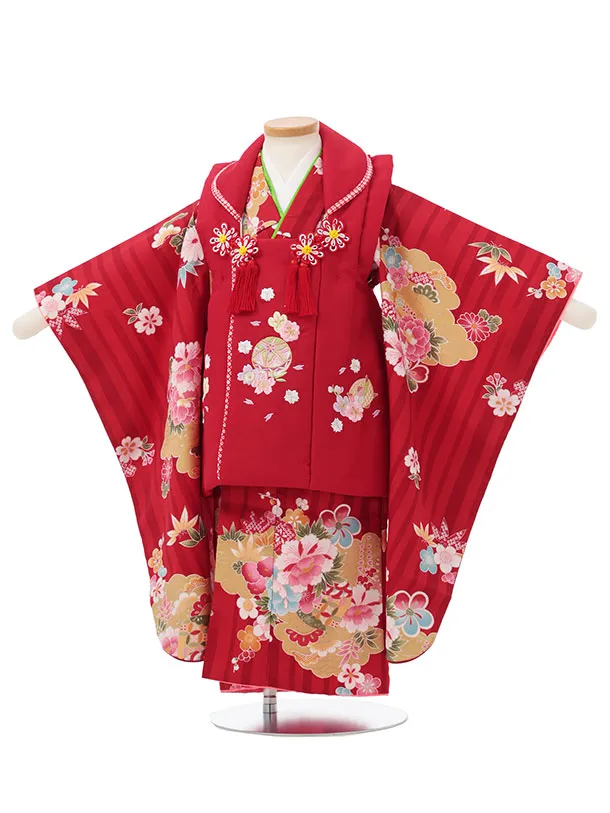 七五三レンタル(3歳女児被布)S155 赤 刺繍 まり花×赤 雲取り花