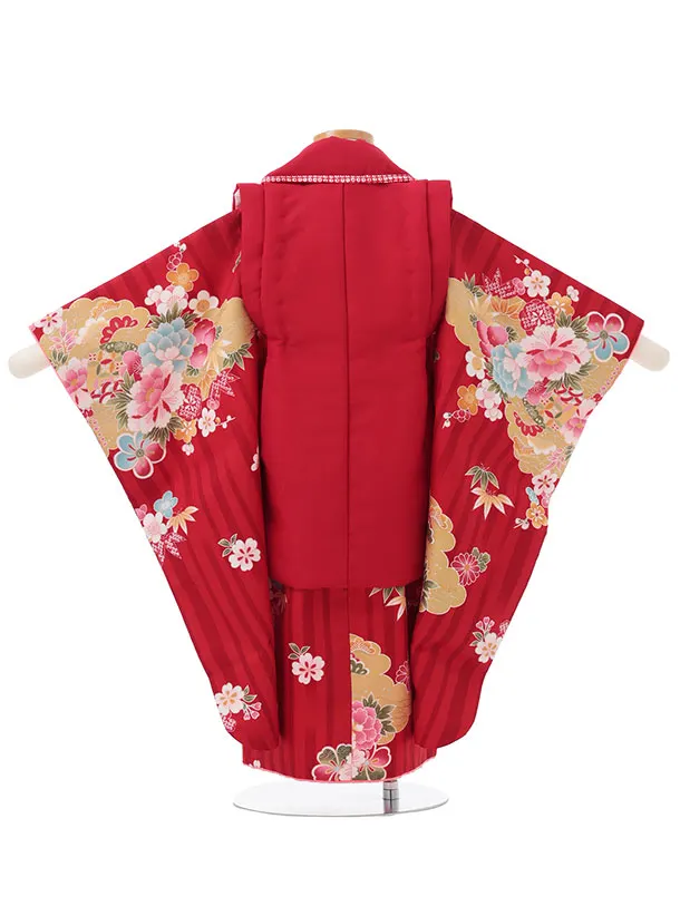 七五三レンタル(3歳女児被布)S155 赤 刺繍 まり花×赤 雲取り花
