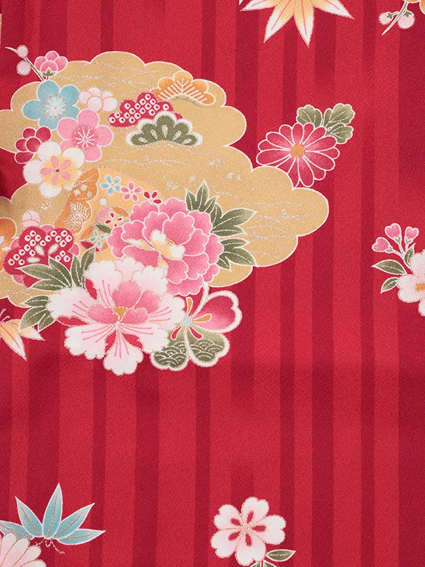 七五三レンタル(3歳女児被布)S155 赤 刺繍 まり花×赤 雲取り花