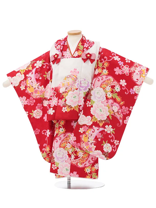 七五三レンタル(3歳女児被布)S156 赤白×赤 牡丹 桜